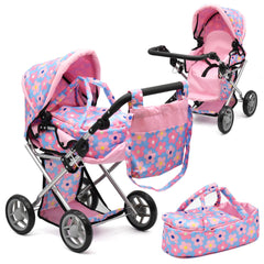 Dolls To Play baby doll convertible pram blue with 25-inch compatibility for versatile play sessions.