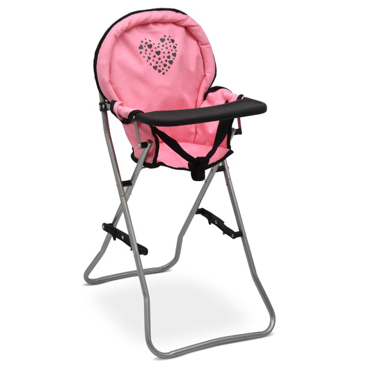 Dolls To Play baby doll high chair with pink tray for pretend meals.