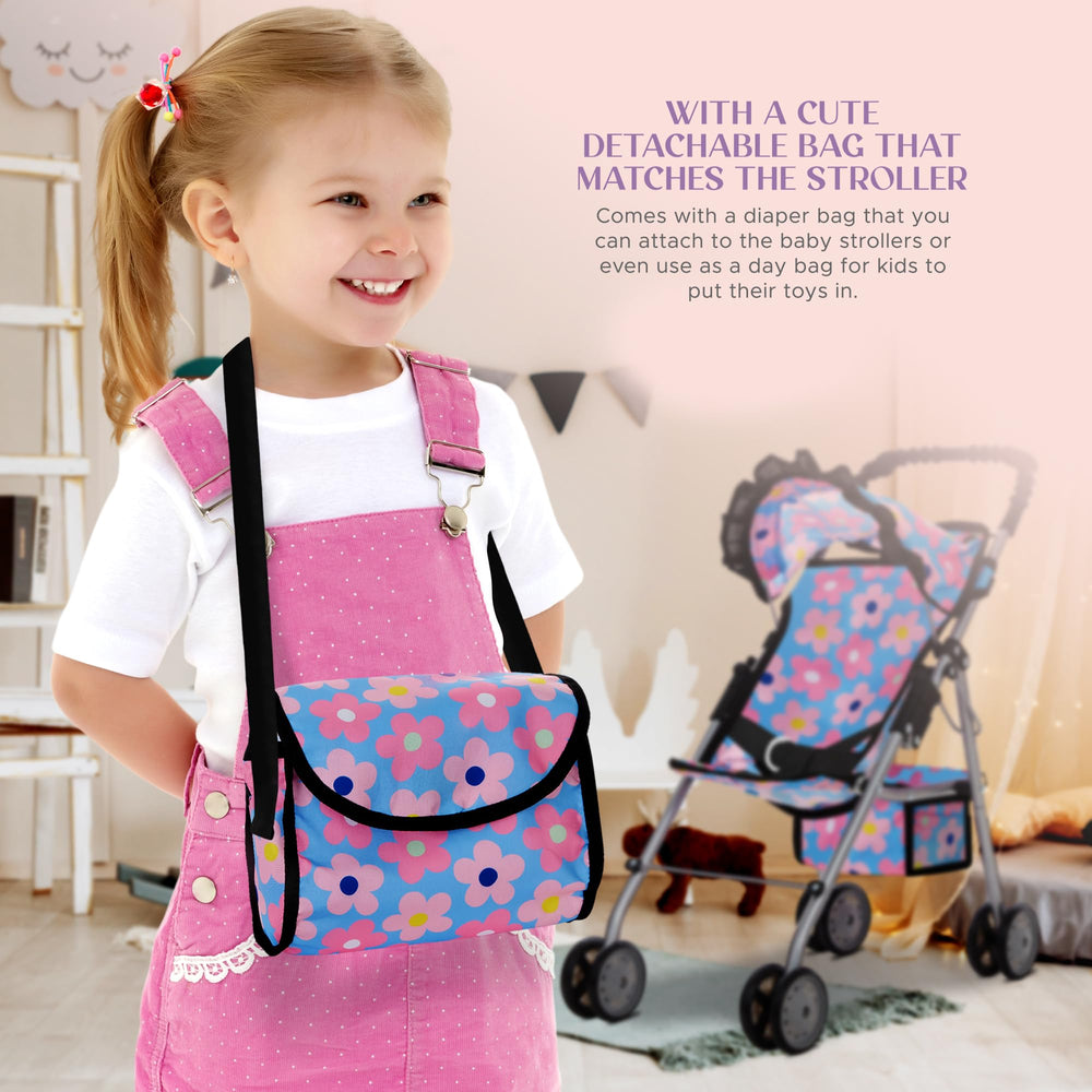 Dolls To Play Baby Doll Stroller blue side view with smooth wheels for indoor outdoor fun