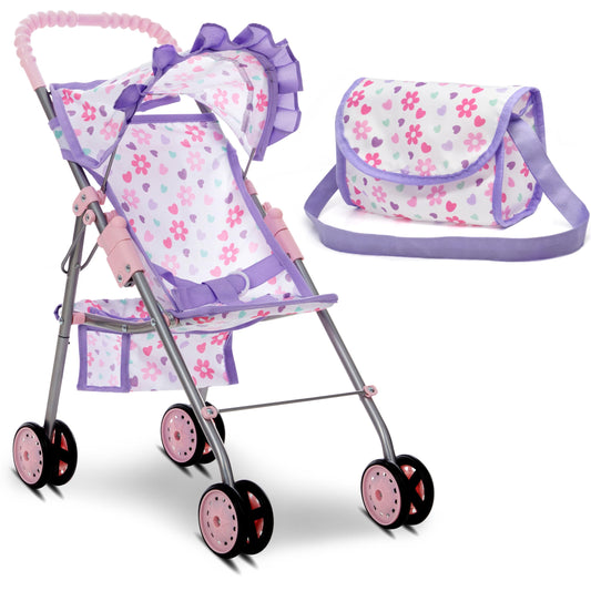 Dolls To Play baby stroller in purple with canopy for nurturing pretend play.