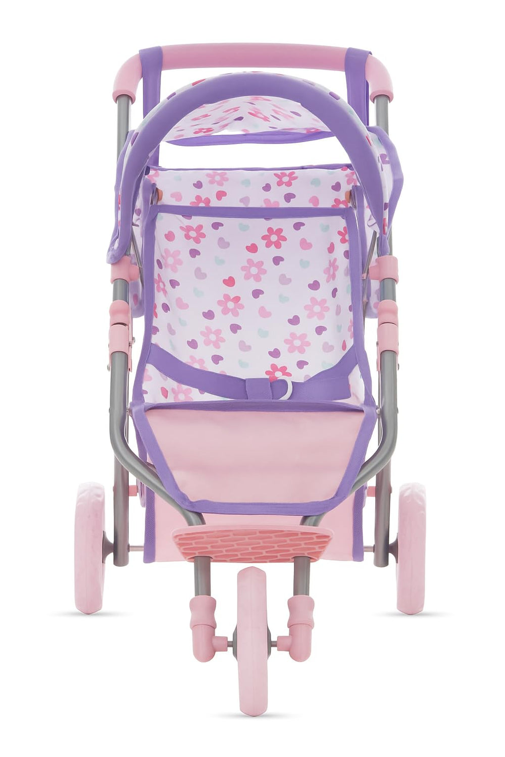 Dolls To Play stroller features a storage basket and diaper bag for organizing accessories