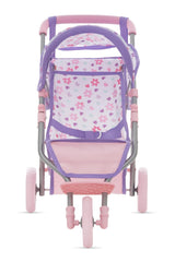 Dolls To Play stroller features a storage basket and diaper bag for organizing accessories