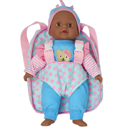 Dolls To Play blue pink doll carrier front view for travel play