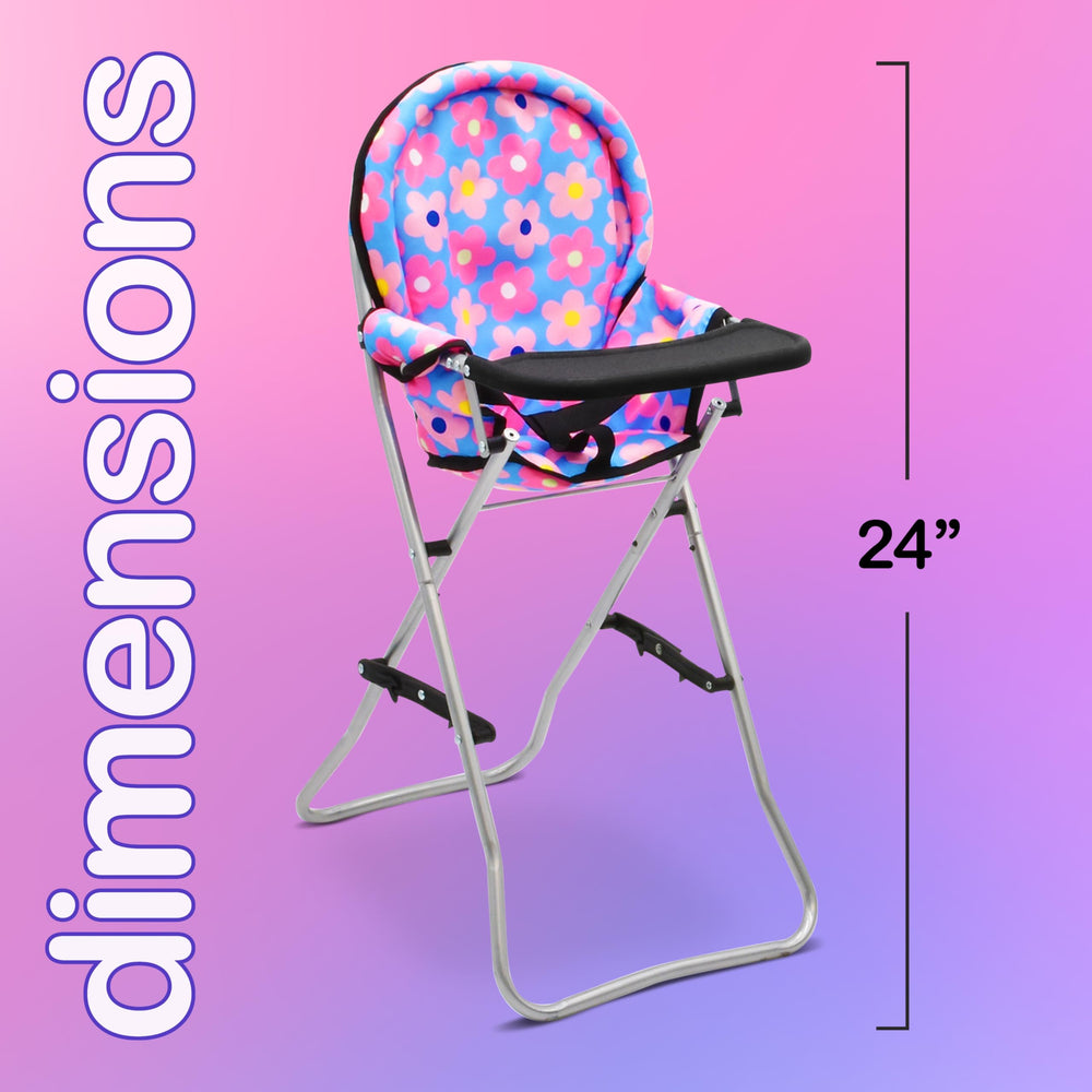 Soft fabric seat and safety harness provide secure doll seating during play