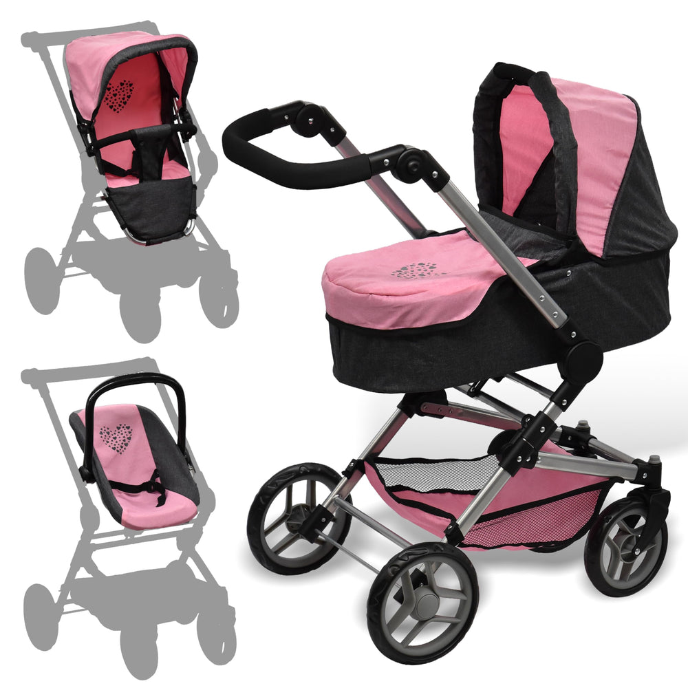 Dolls To Play stroller-bassinet combo offering cozy transport for 18-inch dolls.