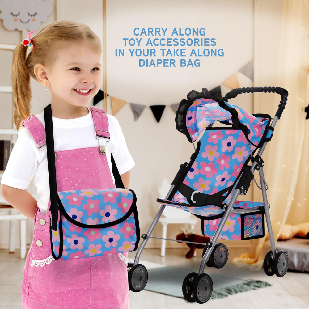 Dolls To Play stroller hood and storage basket add realistic details for role play.