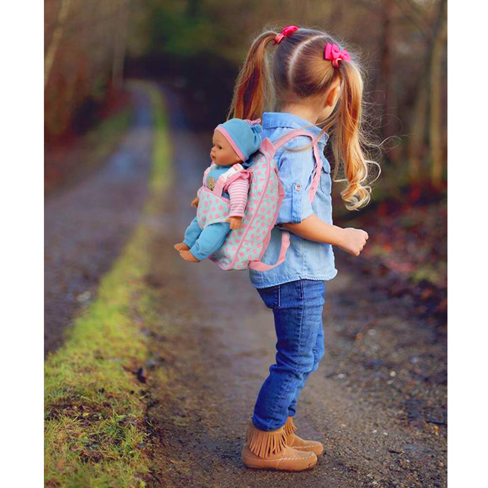 Dolls To Play pink backpack carrier for take-along adventures and easy transport.