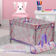 Dolls To Play purple floral diaper bag adds stylish storage for dolls.