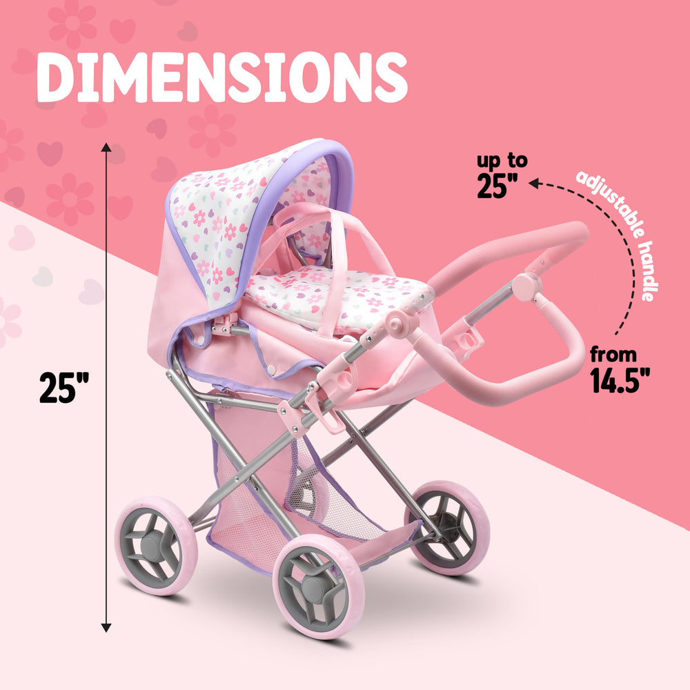 Dolls To Play retractable canopy offers shade during outdoor pretend adventures.
