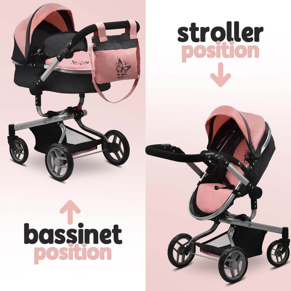 Dolls To Play two-in-one carriage shown as bassinet and seated mode