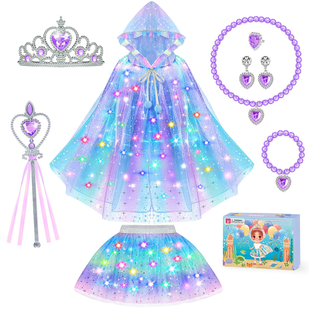 DOLNOW princess dress up cape with a light-up glow for magical night-time play.