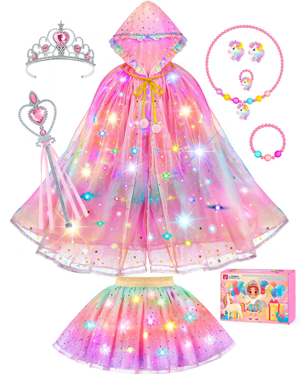 DOLNOW princess dress up set with light-up cape, ideal for imaginative play.