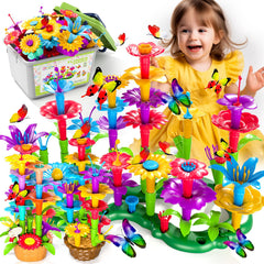 Doloowee Flower Garden 102pcs colorful bloom pieces for imaginative play and early STEM exploration.