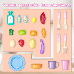 Doloowee plastic knives and detergent are included for authentic kitchen pretend play.