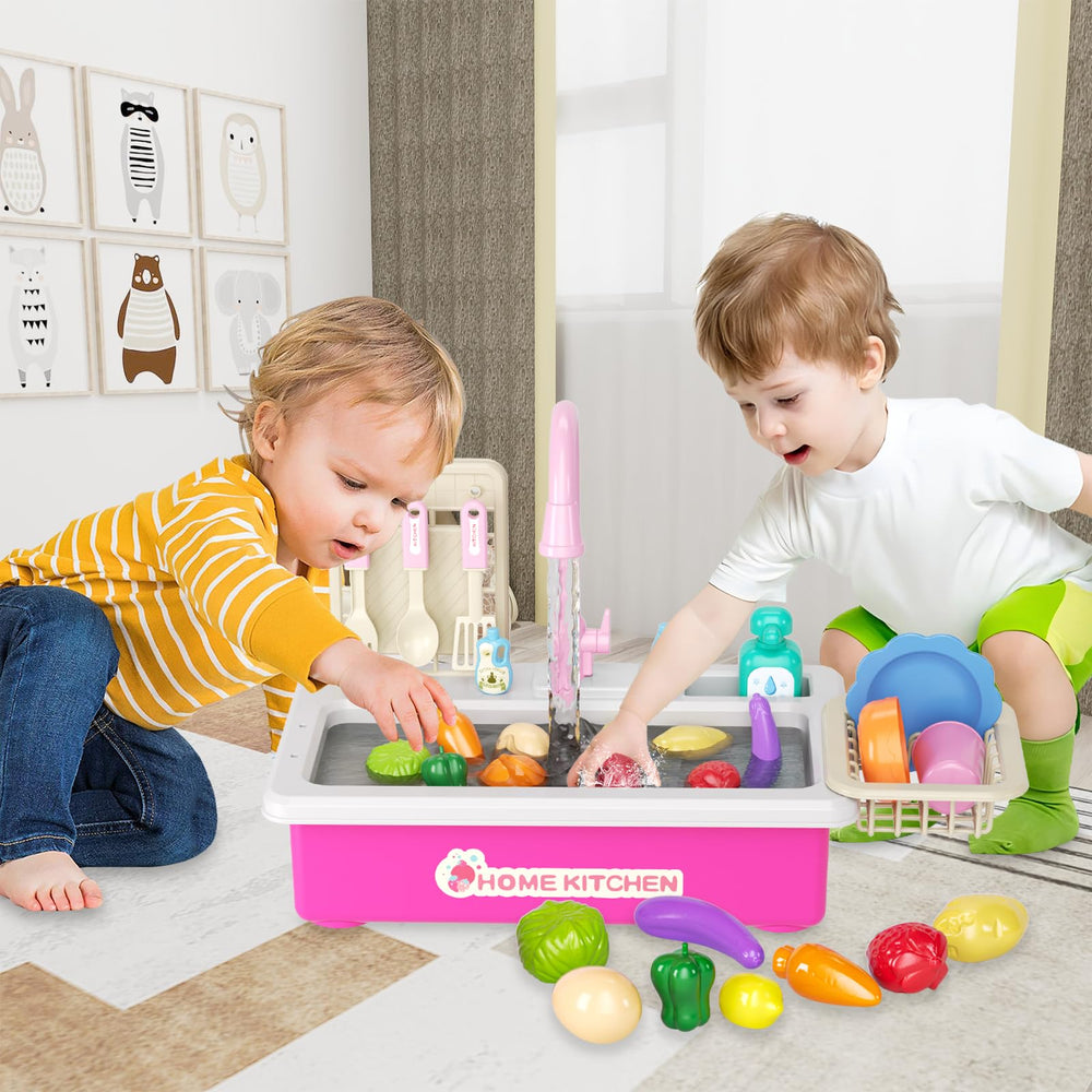 Doloowee temperature-triggered color change dishwashing play set simulates warm water fun.