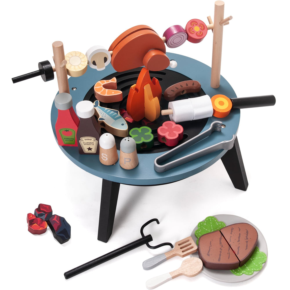 Donmills 45-piece toy grill set with skewers promotes imaginative cooking play.