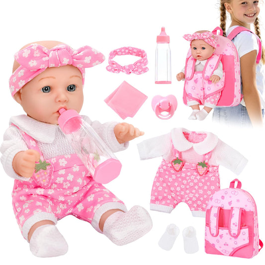DONTNO 12-inch baby doll with backpack for lifelike play and caregiving.