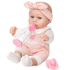 DONTNO 12-inch baby doll in pink bear-pattern clothes for imaginative play