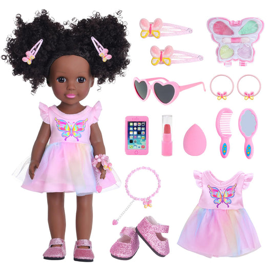 DONTNO 14-5 inch black doll with clothes for imaginative dress-up play.