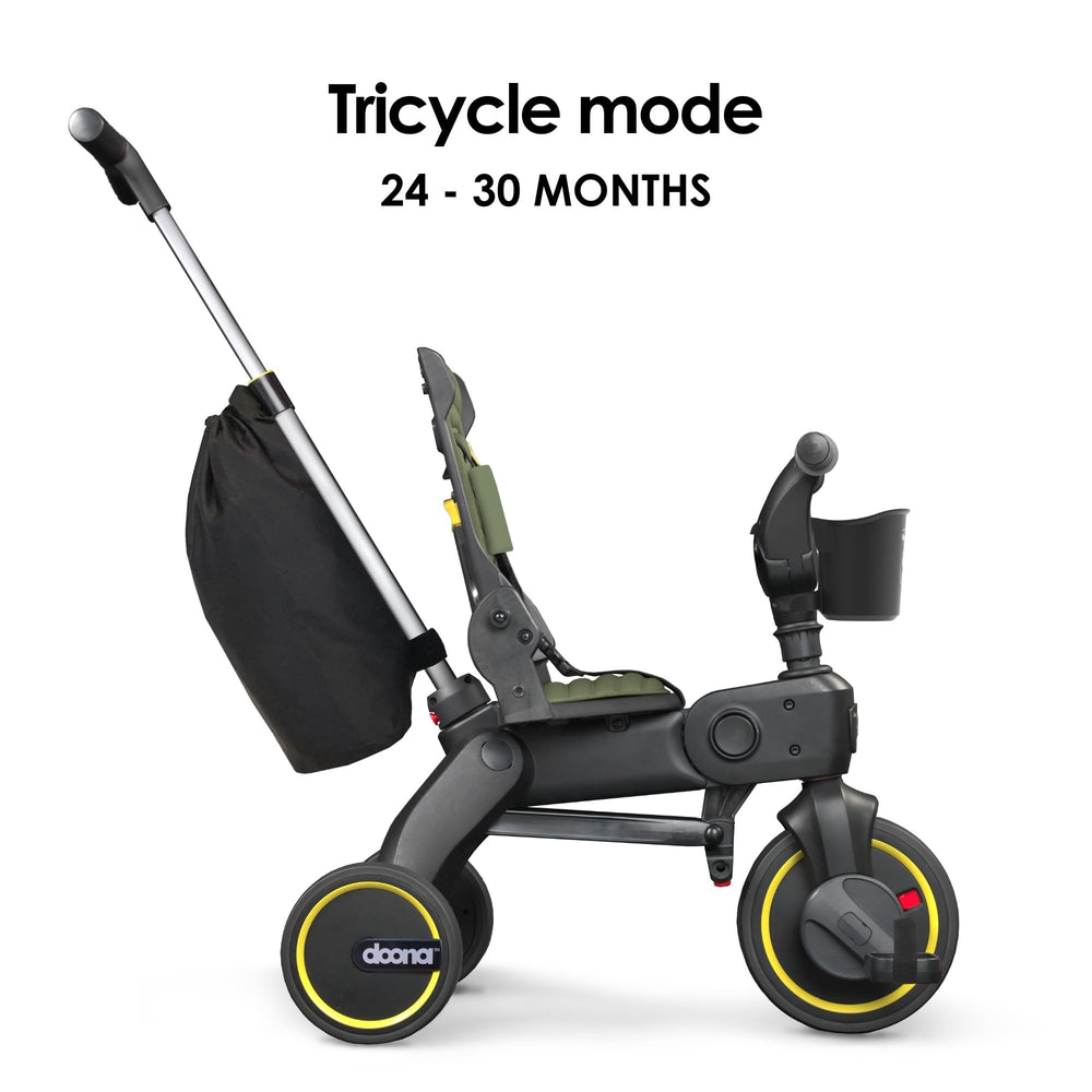 Backrest adjustment on DOONA Liki Trike S3 Desert Green for added comfort