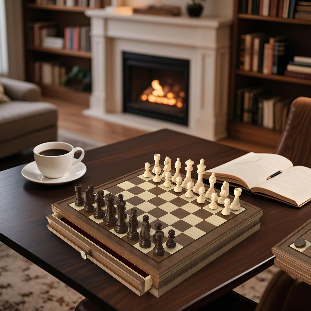 Wooden 24 checkers pieces neatly stored with the set