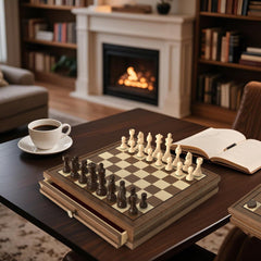 Wooden 24 checkers pieces neatly stored with the set