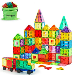 Dopyye 132-piece magnetic tiles set with two cars for creative play