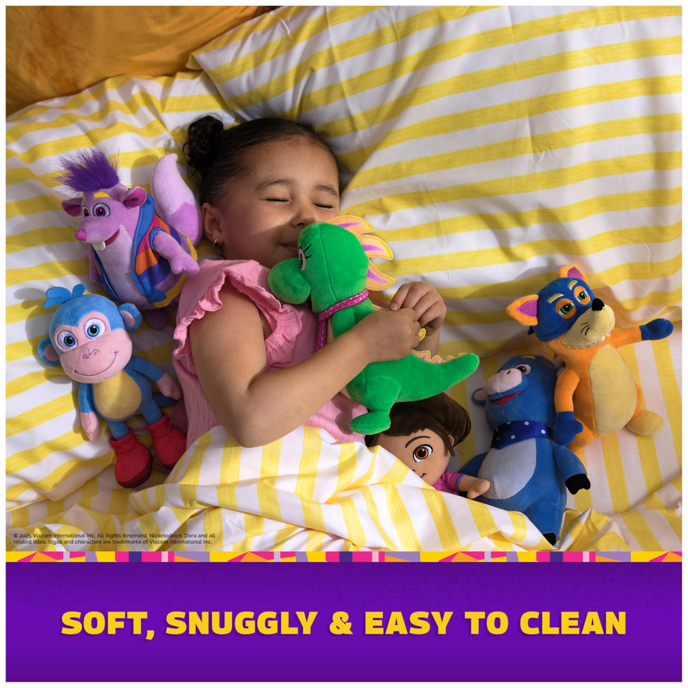 DORA plush care tip: spot clean to preserve embroidery.