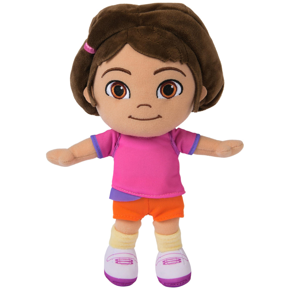 DORA Official Plush Doll 8in with pink shirt and purple backpack for cuddles.