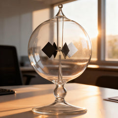 DORAMI glass windmill radiometer by a window, decorative science gadget in daylight.