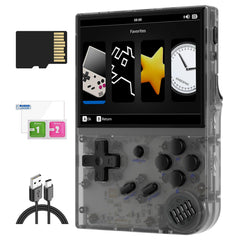 Doriteney RG35XX front view shows portable handheld with crisp IPS display for gaming.