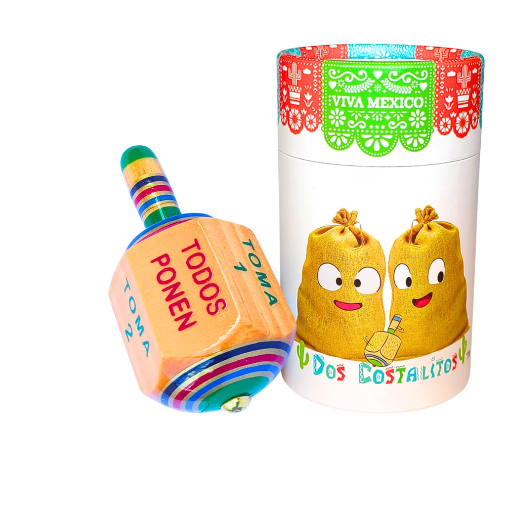 Dos Costalitos wooden top spinning in hand, adds authentic Mexican game charm.