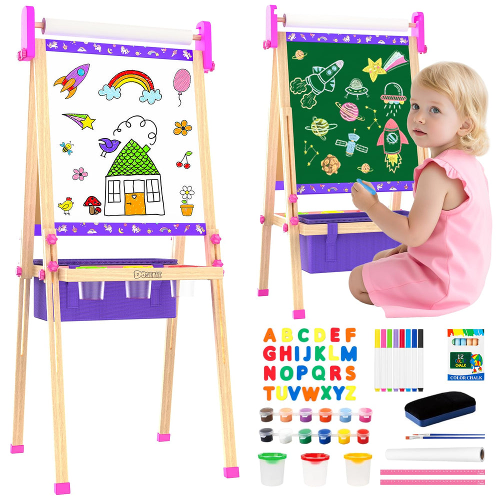 Doselie art easel for kids, side view, dual surfaces