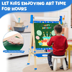Doselie easel includes apron, brushes, and cups for art sessions.