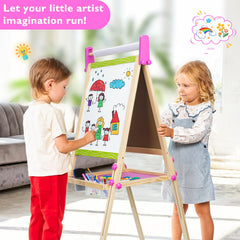 Doselie easel shows chalk board and whiteboard surfaces for varied media.