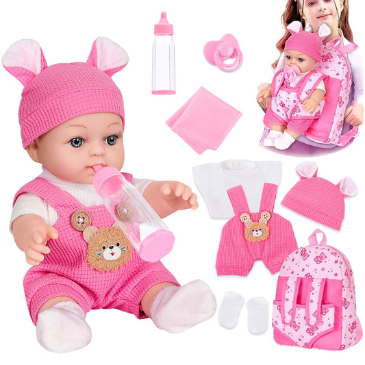 Dotvosy 12-inch bear-pattern backpack doll ready for imaginative play.