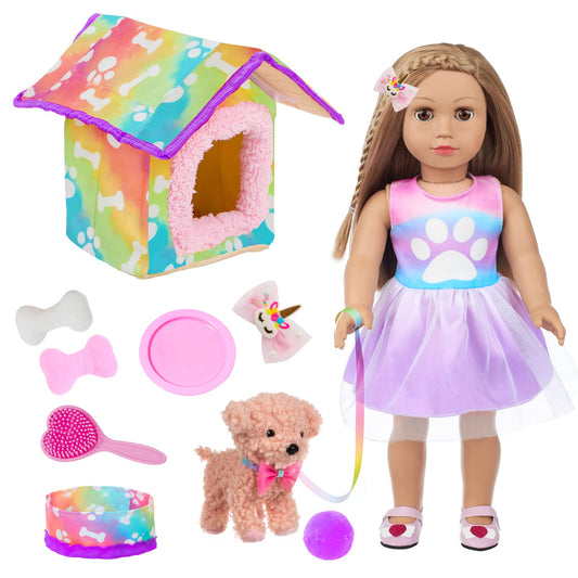 DOTVOSY American 18-inch doll pet play set with puppy and dress for imaginative play.