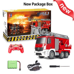 DOUBLE E Benz licensed fire truck remote control interaction supports cooperative play.