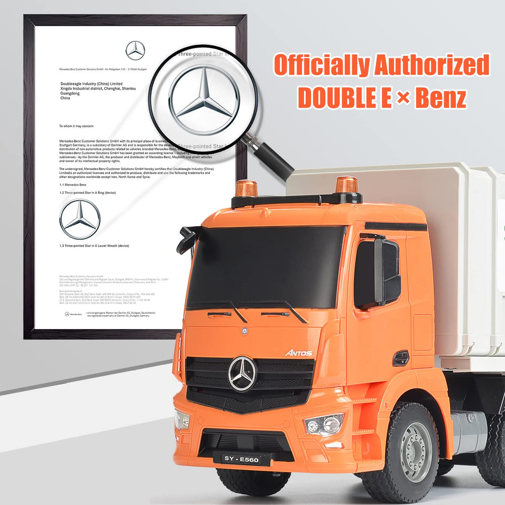 DOUBLE E Benz RC garbage truck showing rear dump action for hands-on learning