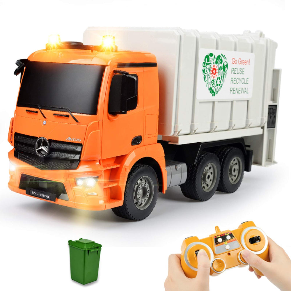 DOUBLE E Benz RC garbage truck front view with realistic lights for immersive play