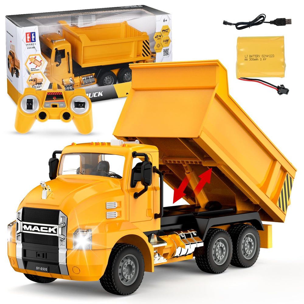DOUBLE E Mack RC Dump Truck front view with lights for realistic play.