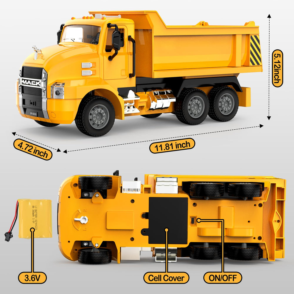 DOUBLE E Mack RC Dump Truck suitable for indoor and outdoor use.