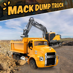 DOUBLE E Mack RC Dump Truck side-dump bed ready to unload sand.