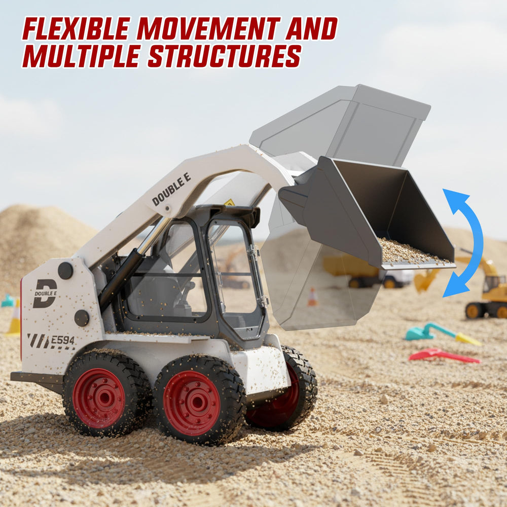 DOUBLE E RC skid steer loader toy LED lights and sounds heighten realism.
