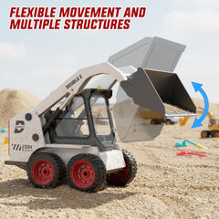 DOUBLE E RC skid steer loader toy LED lights and sounds heighten realism.