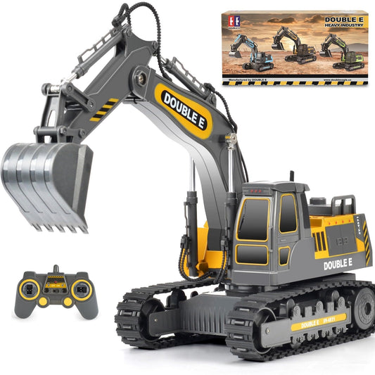Double E remote control excavator front view for imaginative play.