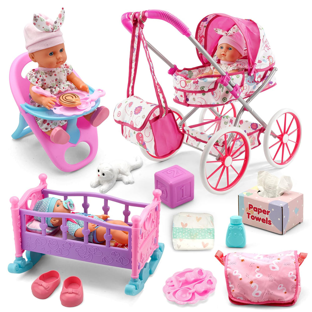 Doublekai baby doll stroller with folding umbrella for outdoor play.