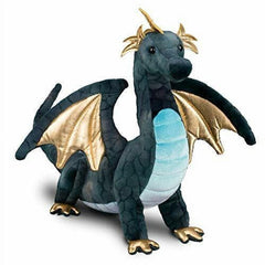 Douglas Aragon navy dragon plush in a heroic pose for imaginative playtime.