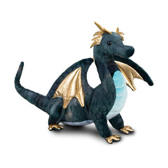 Douglas Aragon navy dragon plush is surface washable for quick cleanup.