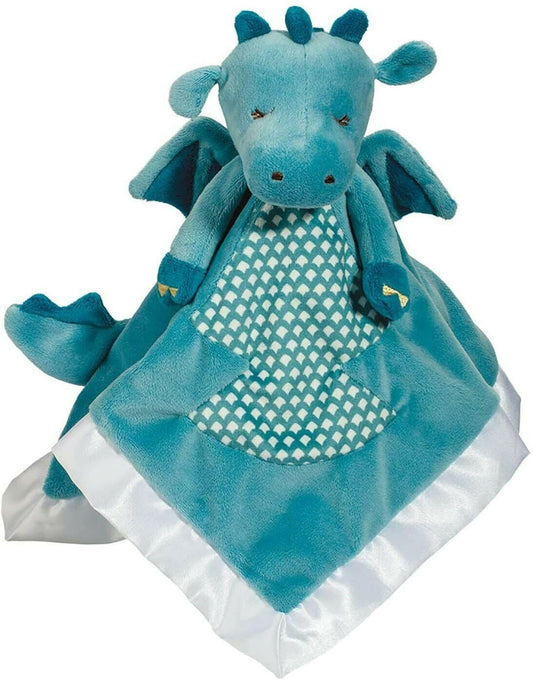 Douglas Baby Demitri Dragon Snuggler face detail in cuddly blue fabric for infant comfort
